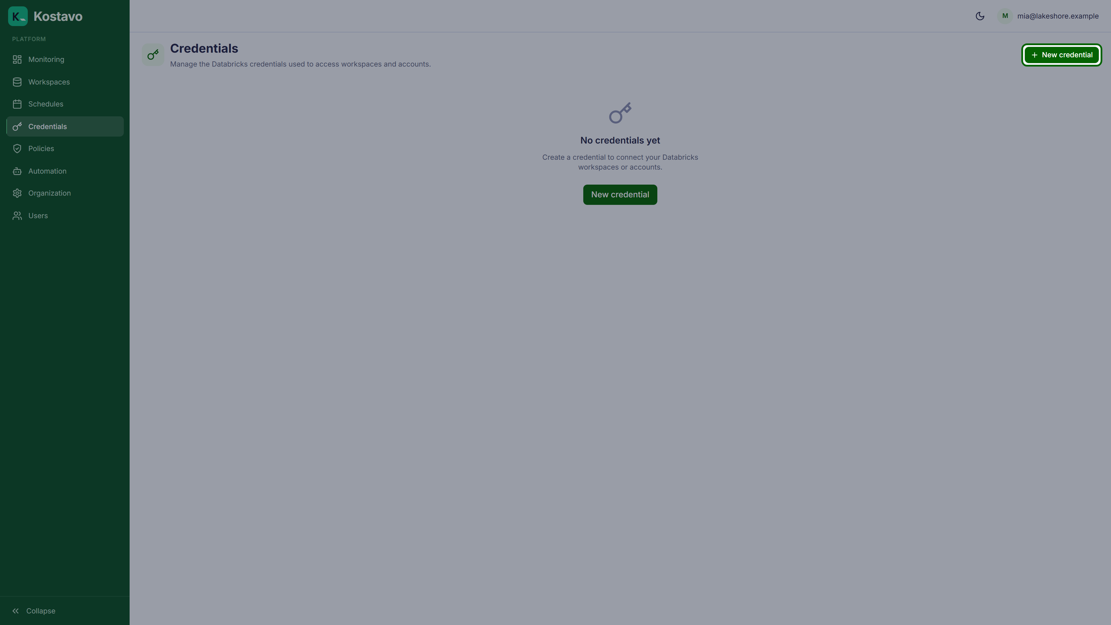 The empty credentials page with the New credential button highlighted