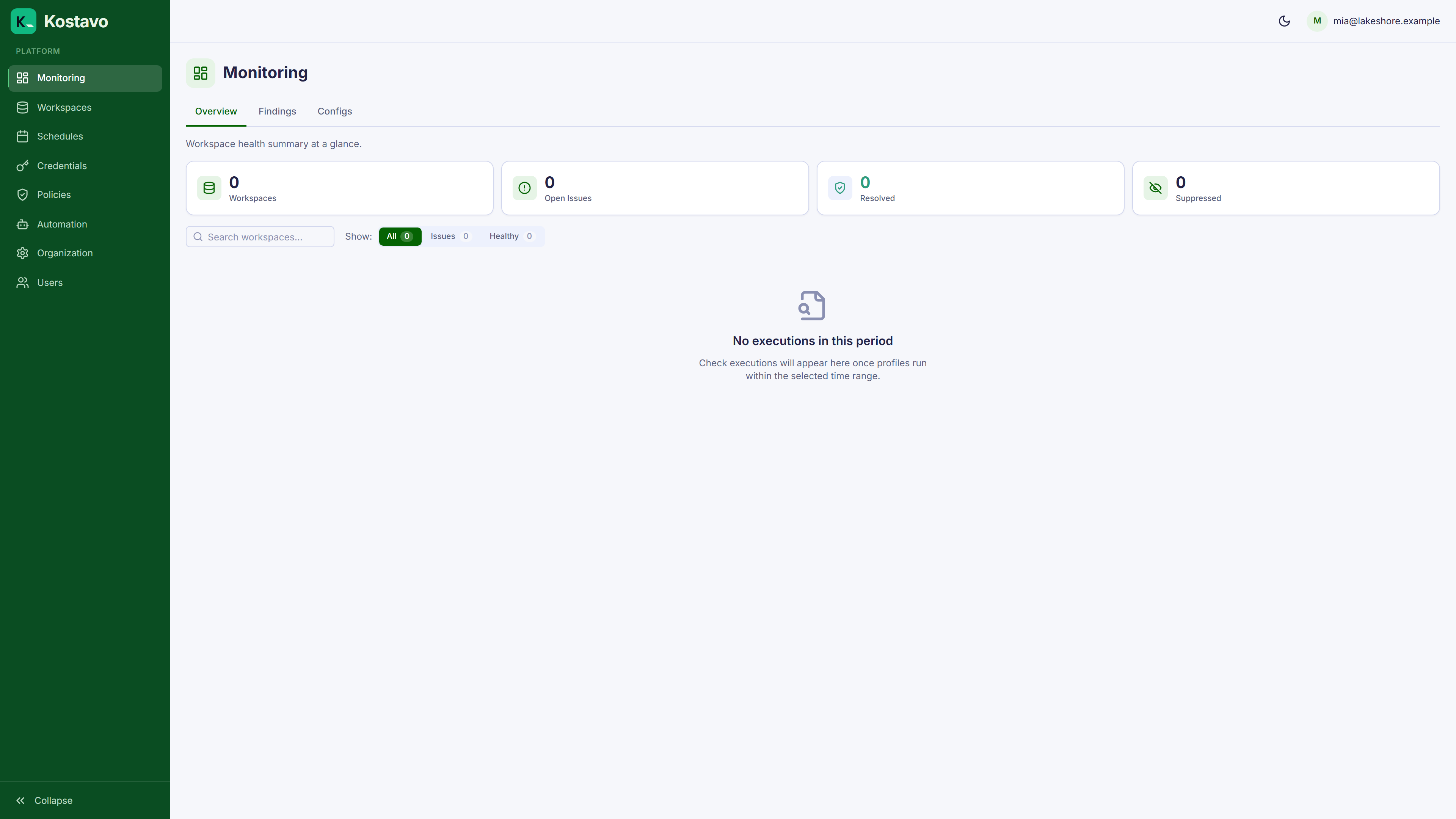 The monitoring dashboard of a brand-new organization, before any workspace is connected