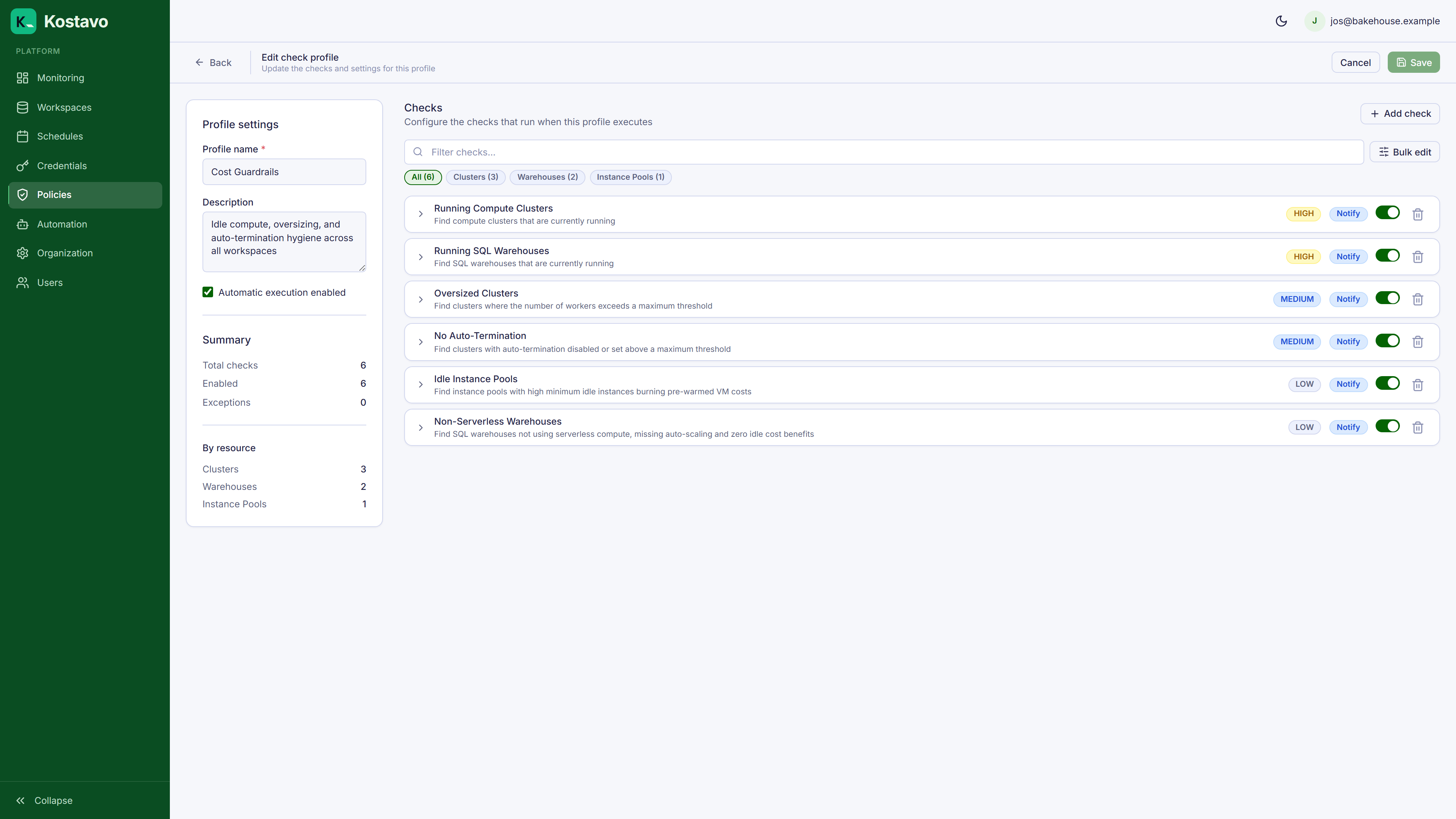 The profile editor showing checks, severities, and action modes